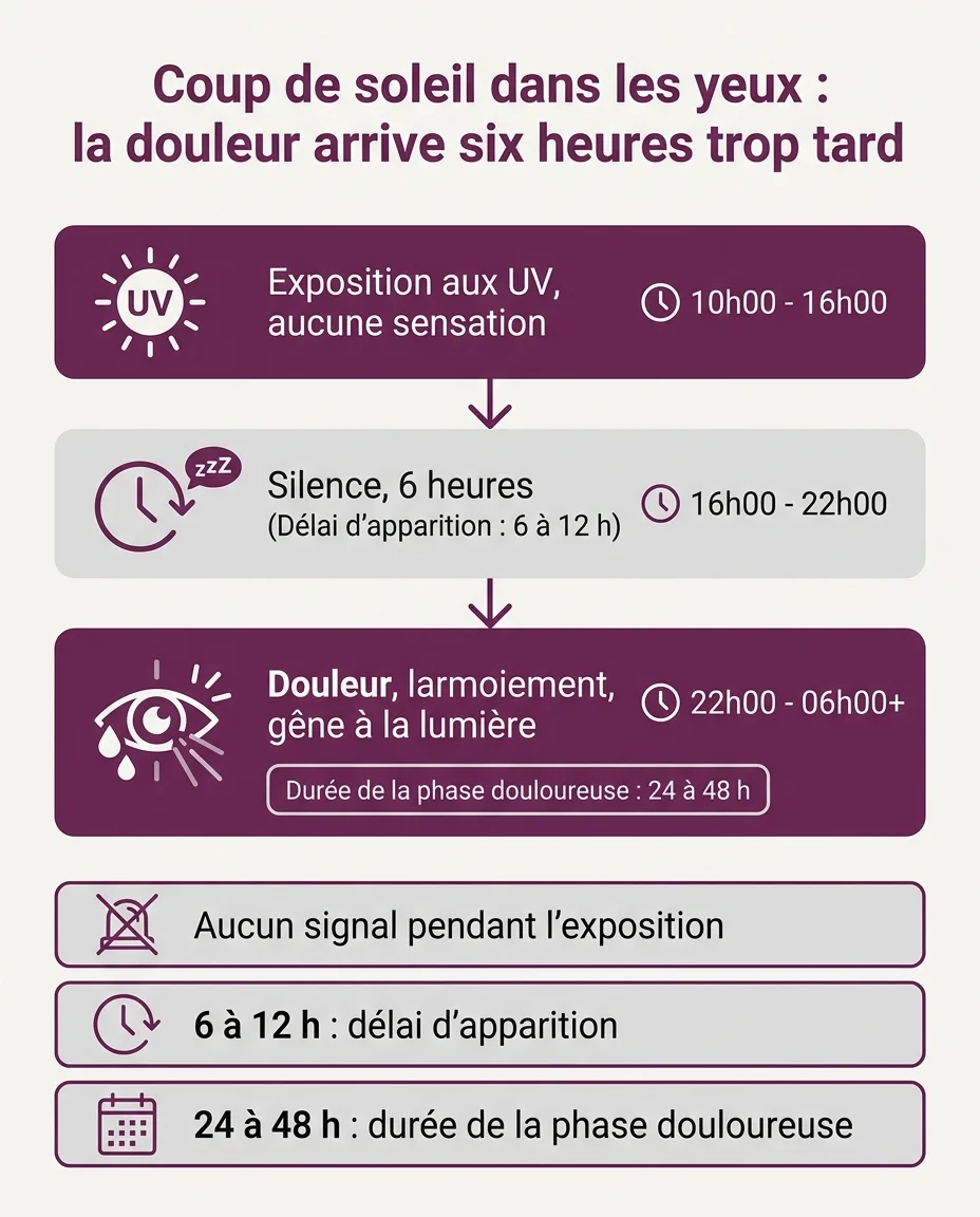 Frise du décalage entre l'exposition aux UV et l'apparition de la douleur oculaire