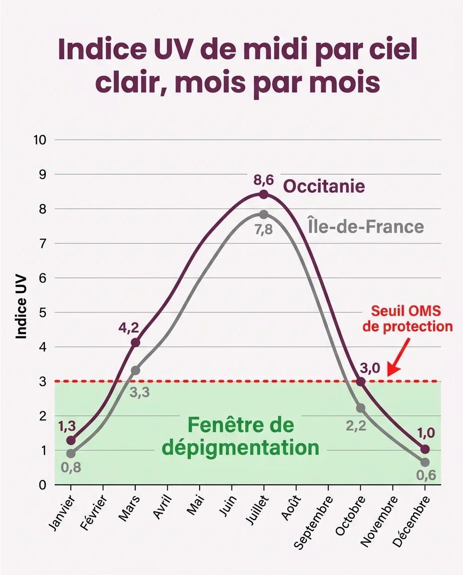 La fenêtre de dépigmentation : les mois où l'indice UV de midi reste sous le seuil de 3