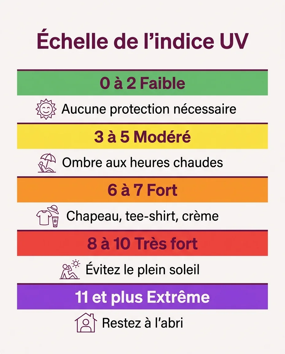 L'échelle de l'indice UV et la conduite à tenir par niveau