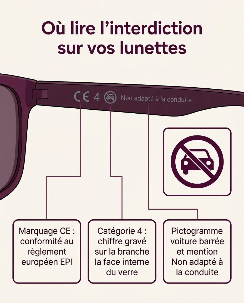 Marquage CE, categorie et pictogramme voiture barree sur la branche d'une monture