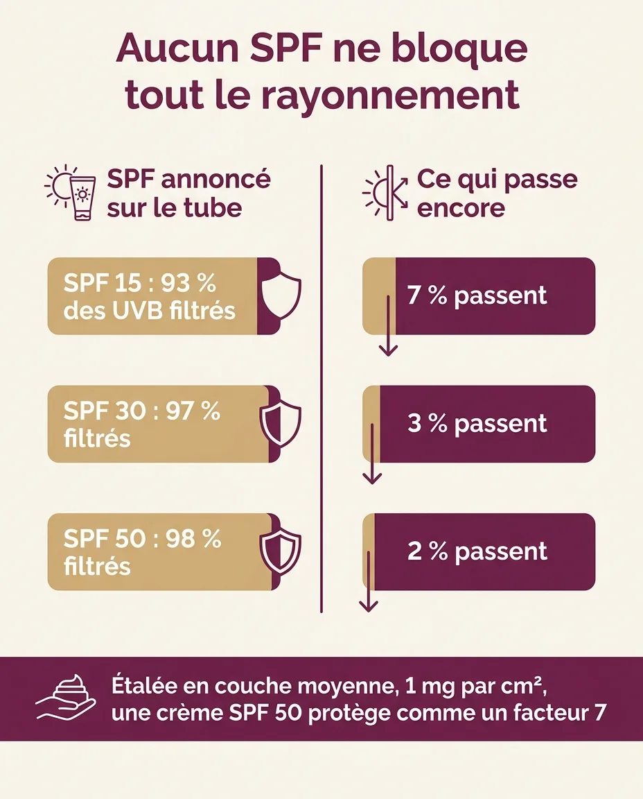 Part du rayonnement UVB qui traverse encore la crème selon le SPF