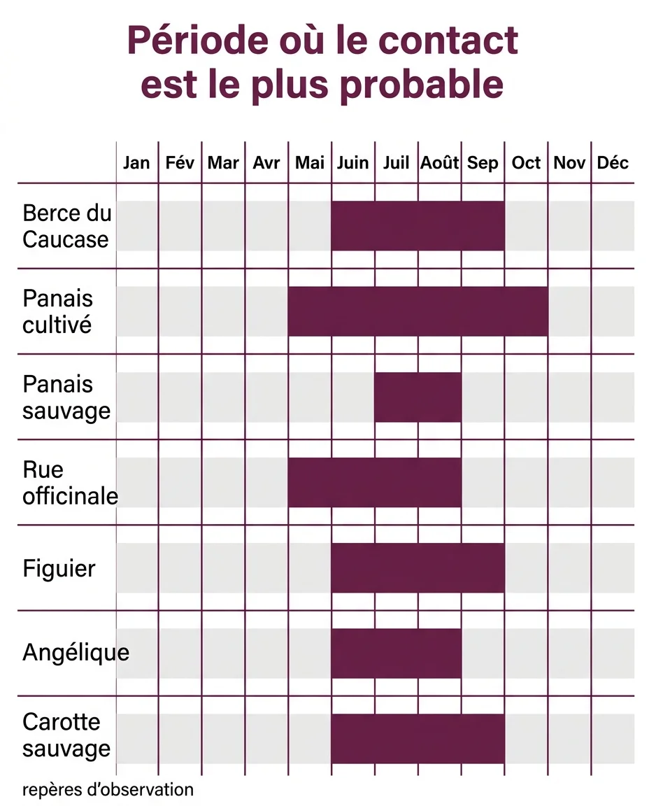 Période de l'année où le contact avec chaque plante photosensibilisante est le plus probable
