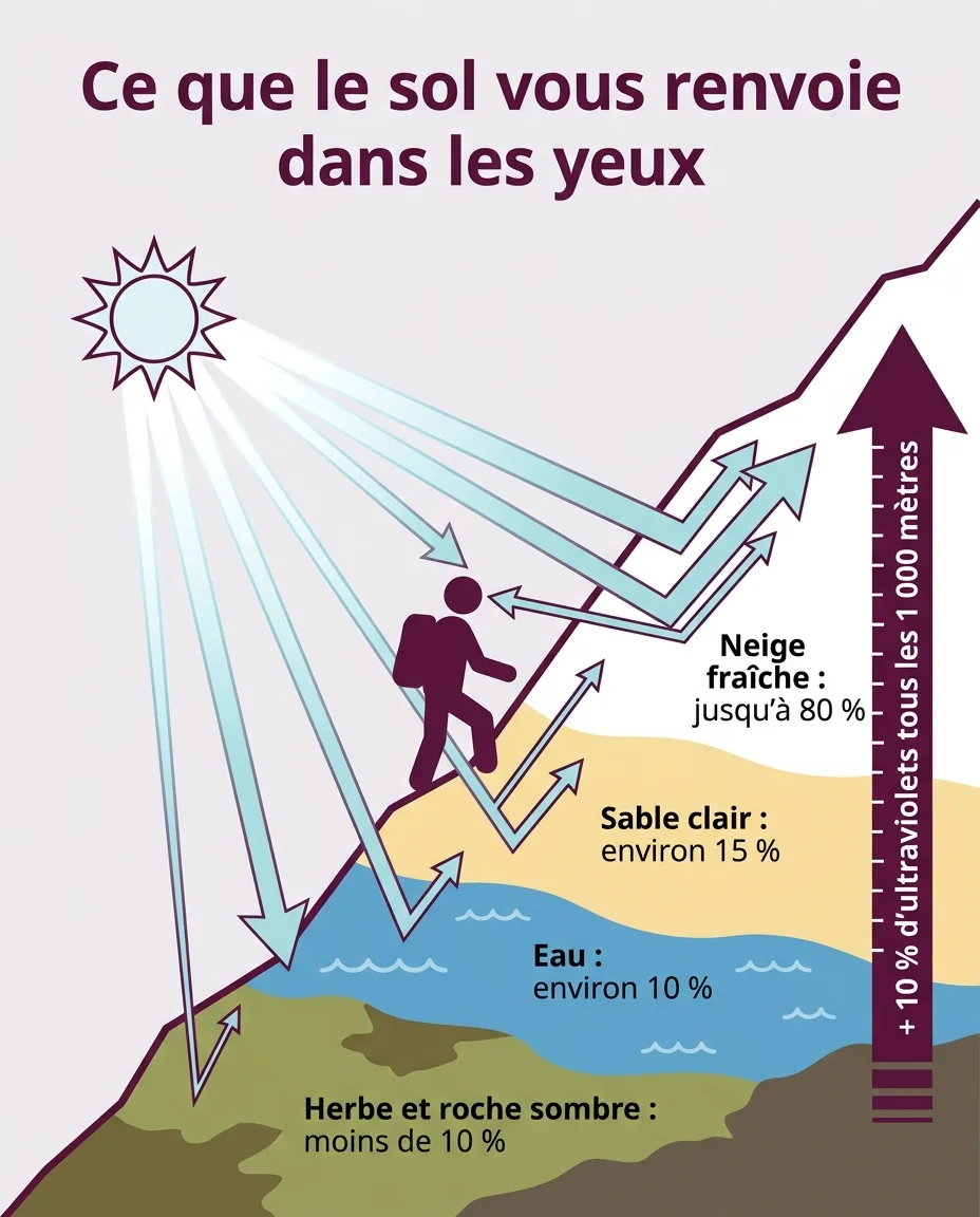 Reverberation renvoyee par la neige, le sable, l'eau et la roche, et effet de l'altitude