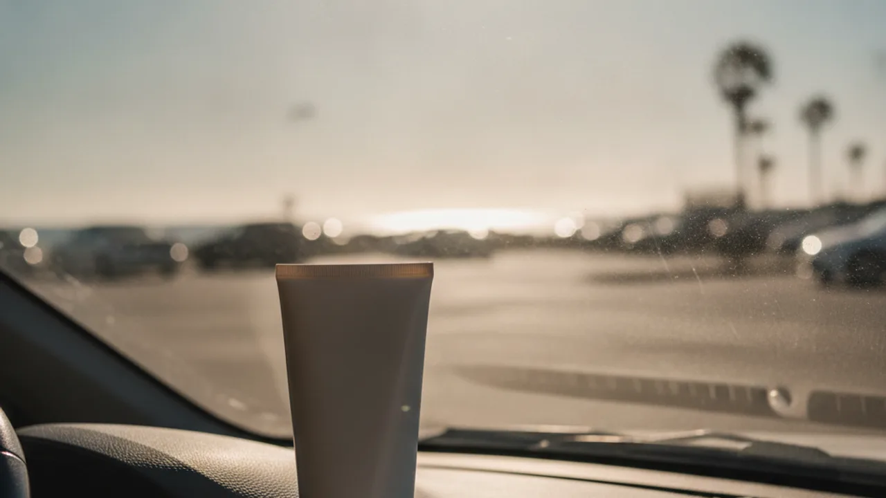 Un tube de crème solaire oublié sur le tableau de bord d'une voiture en plein soleil
