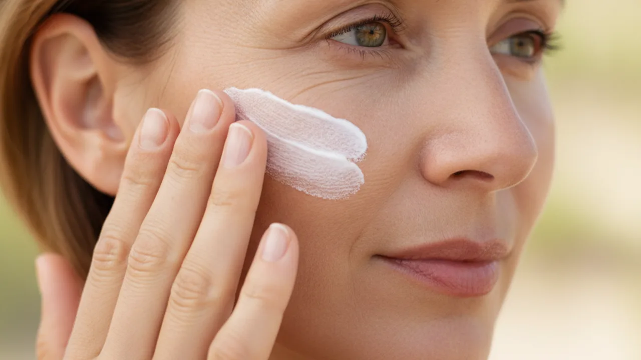 Une creme solaire etalee sur le visage et le cou, la zone ou les taches apparaissent