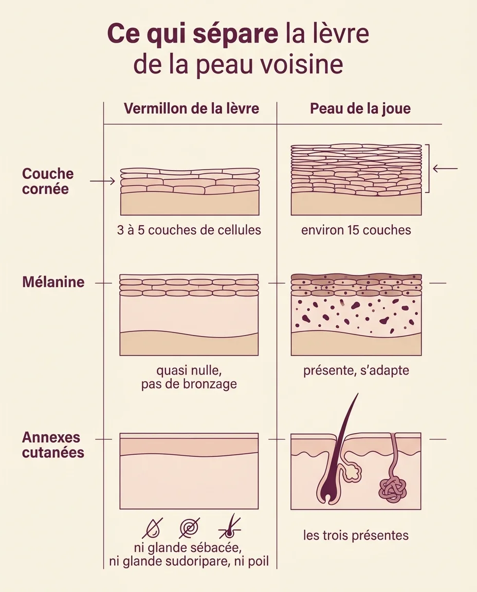 Vermillon de la lèvre et peau de la joue : trois critères comparés