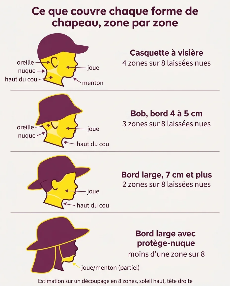 Zones de tête et de cou laissées nues selon la forme du chapeau
