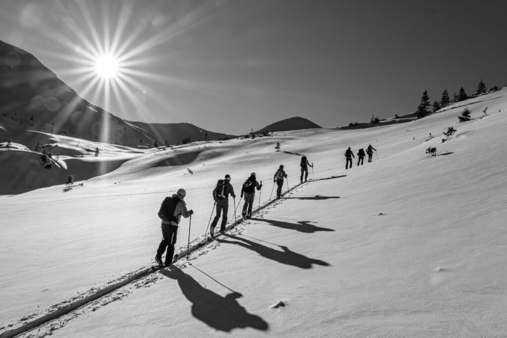 Soleil bas au-dessus d'un champ de neige, la réverbération éclaire toute la pente