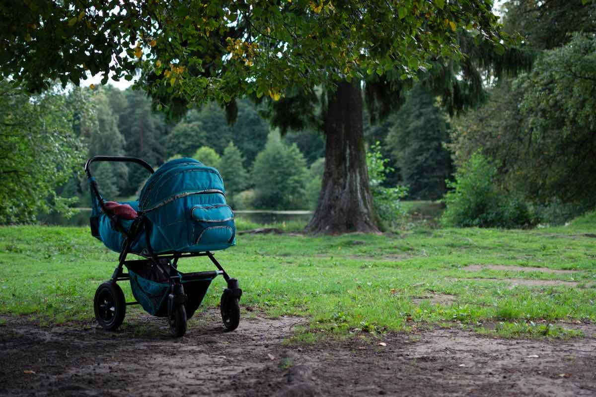 Poussette à l'arrêt sous un arbre dans un parc