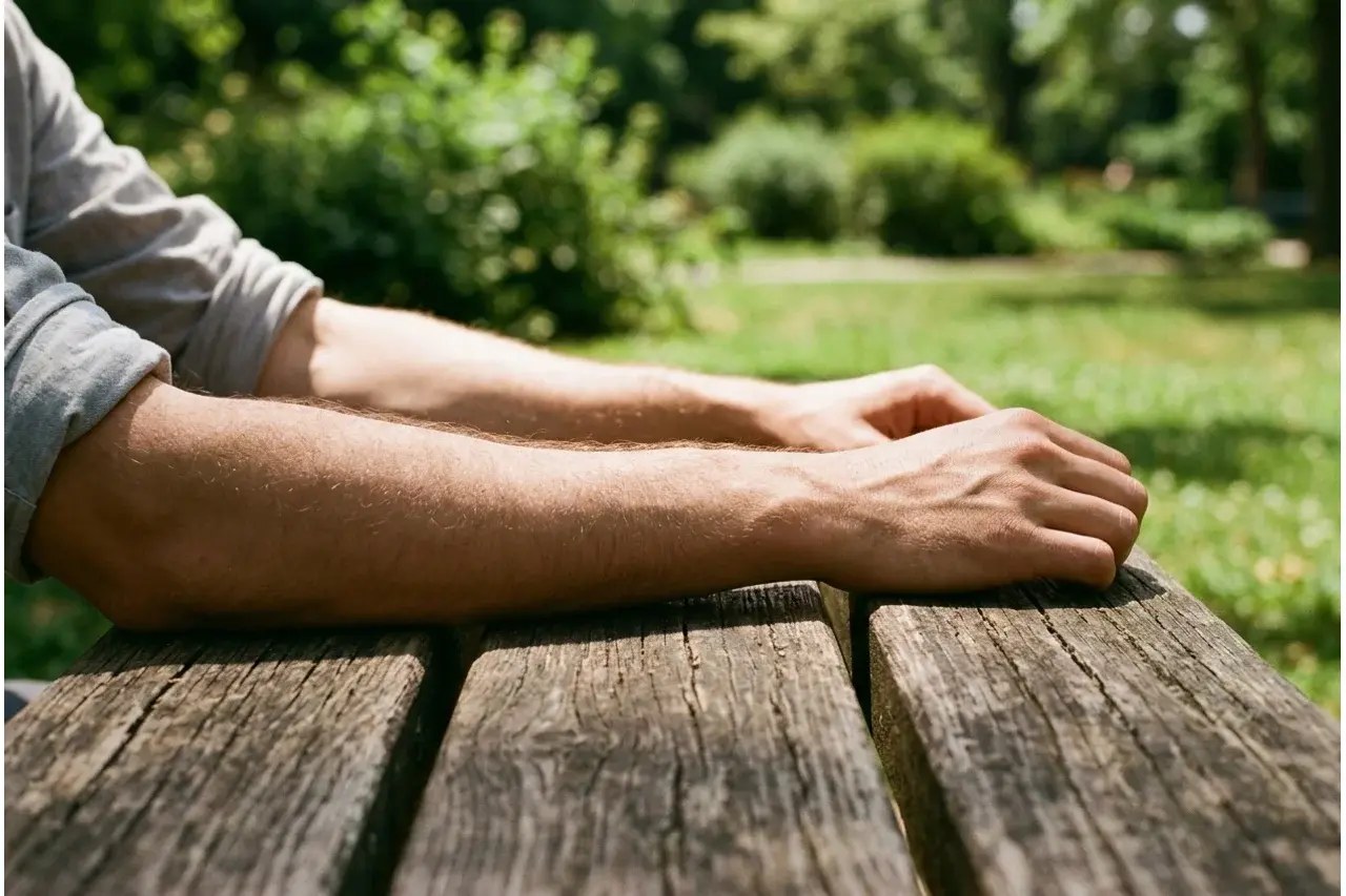 Avant-bras decouverts poses sur un banc en plein soleil de midi